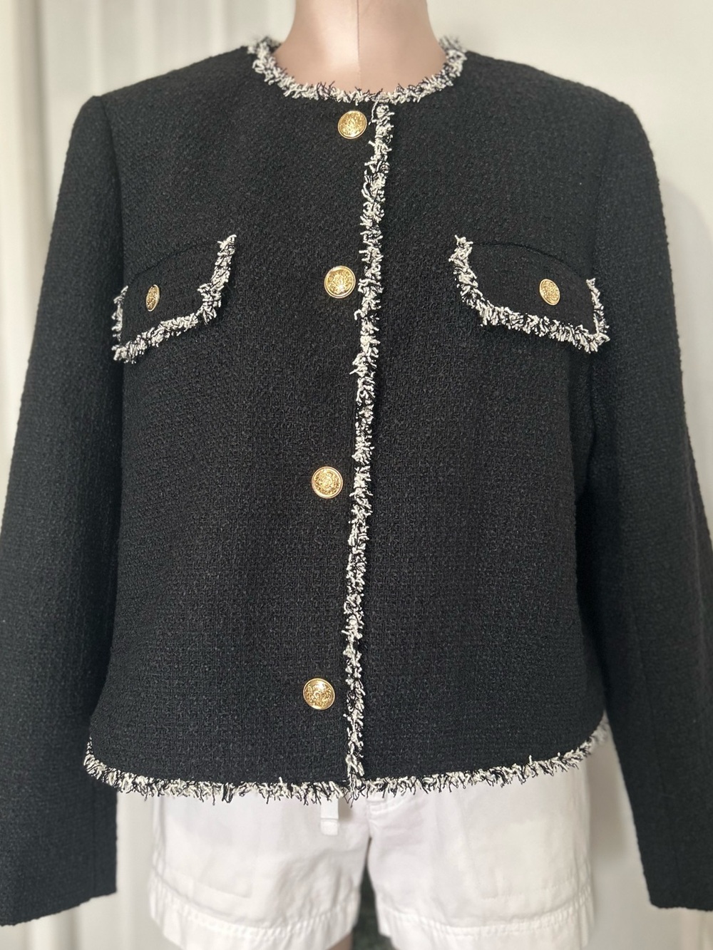 LOFT Black Tweed Collarless Jacket with White Fringe & Gold Buttons size XLP